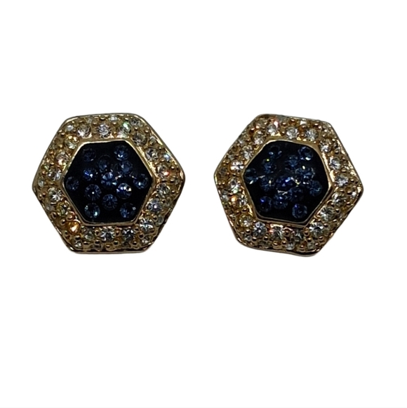 💎 Roman Co. Vintage Gold Tone Navy Blue Hexagon Stud Earrings Crystal Halo - Picture 4 of 6